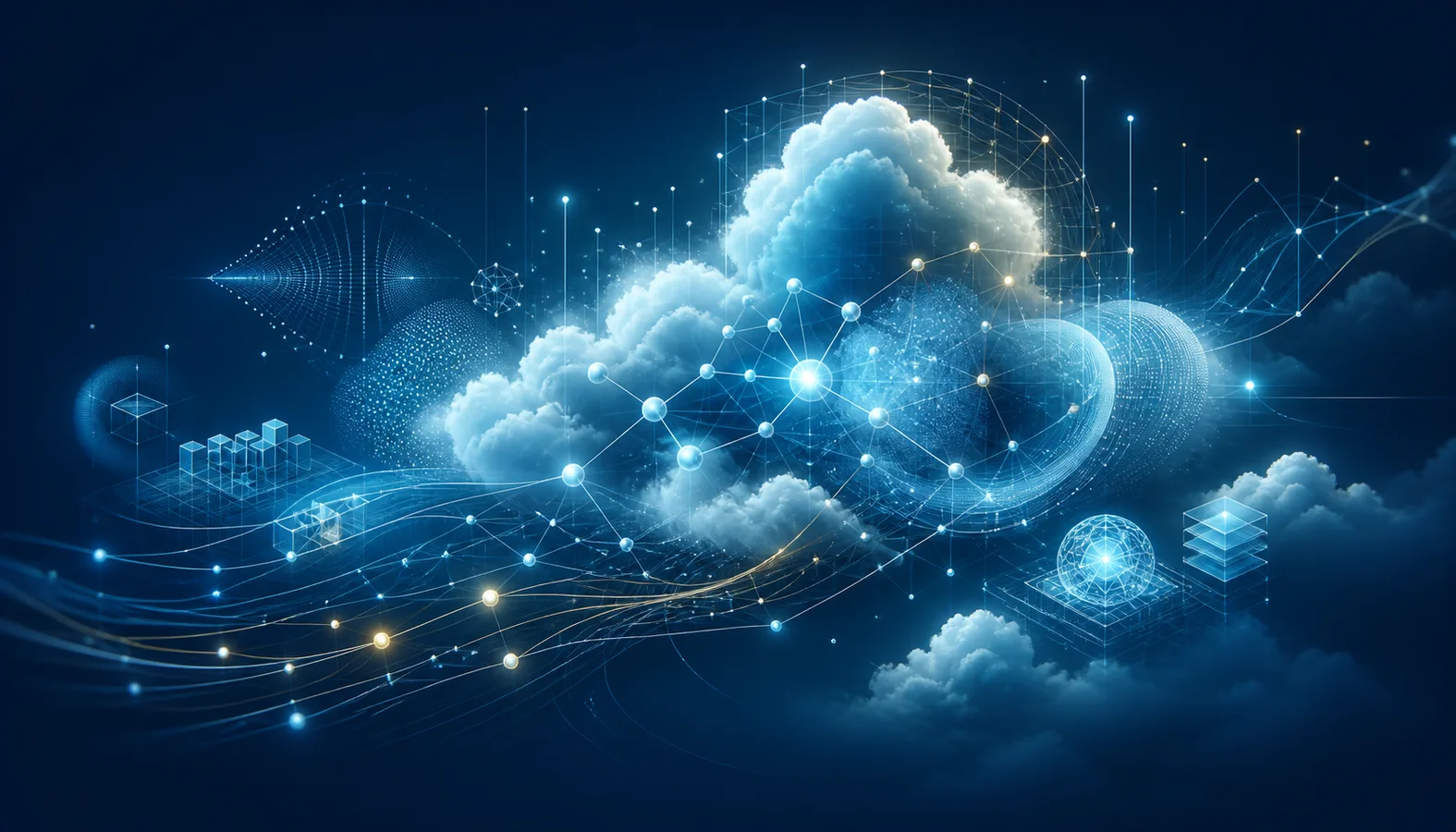 Luminous clouds connected by neural-network paths and data signals
